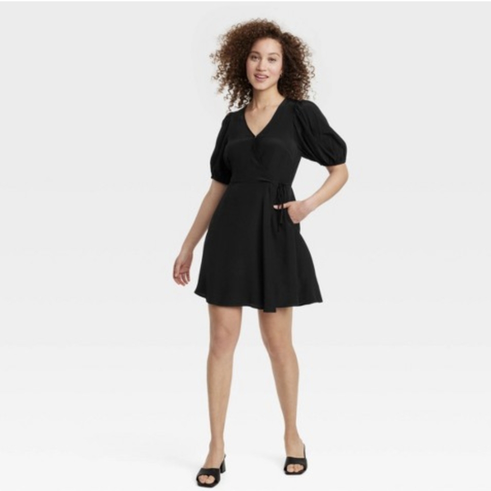 A New Day Black Balloon Sleeve Wrap Mini Dress NWT